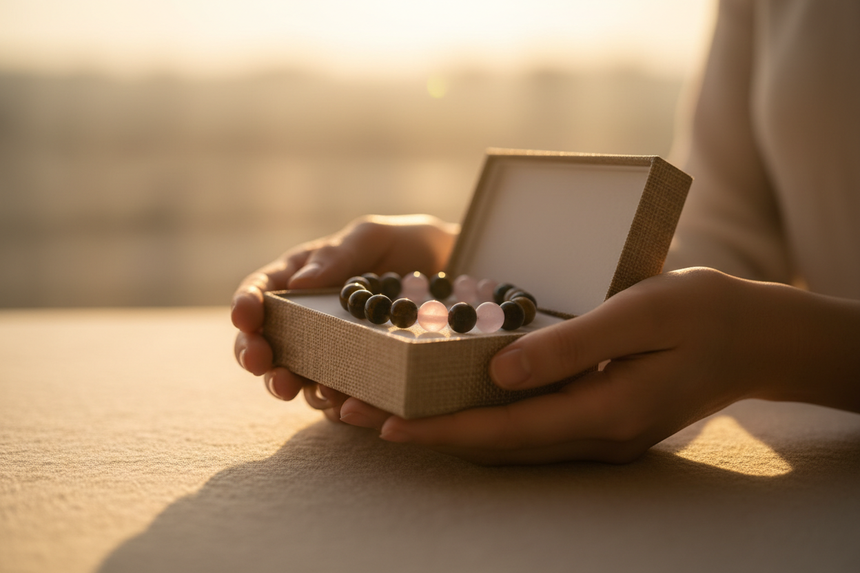 > Create a premium editorial-style photo for an online jewelry store. A pair of hands offers a minimalistic gift box slightly open, revealing a natural stone bracelet inside (rose quartz, obsidian, tiger eye, or similar). Warm golden-hour lighting, soft shadows, elegant composition, shallow depth of field. Background clean and blurred in warm tones. The scene must feel emotional, intimate, and high-end—perfect for a “Meaningful Gifts” section on a jewelry website. No text. No logos. Ultra-realistic, sharp d